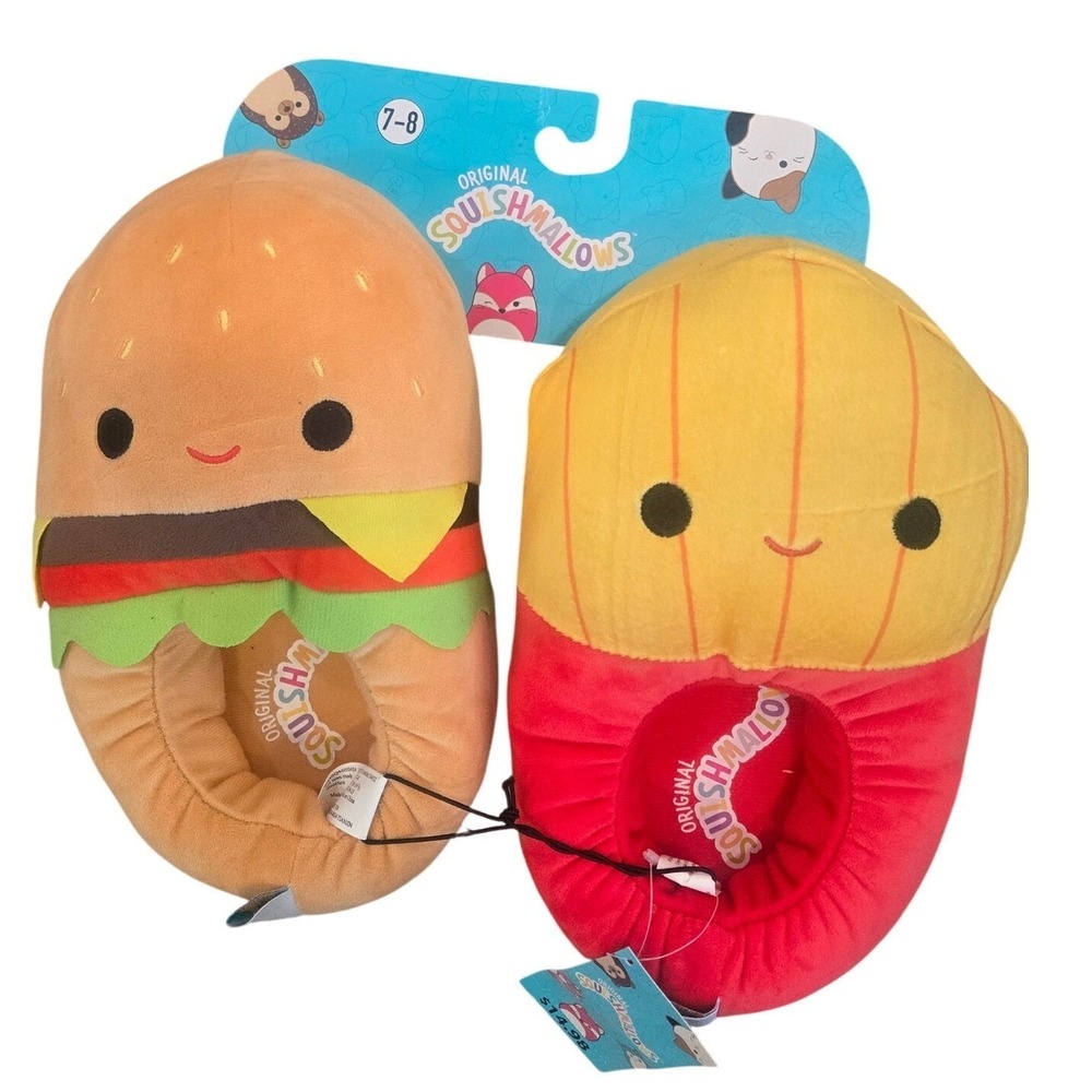 Squishmallows Carl the Burger Floyd the Fries Mismatched Plush Slippers Sz 7-8